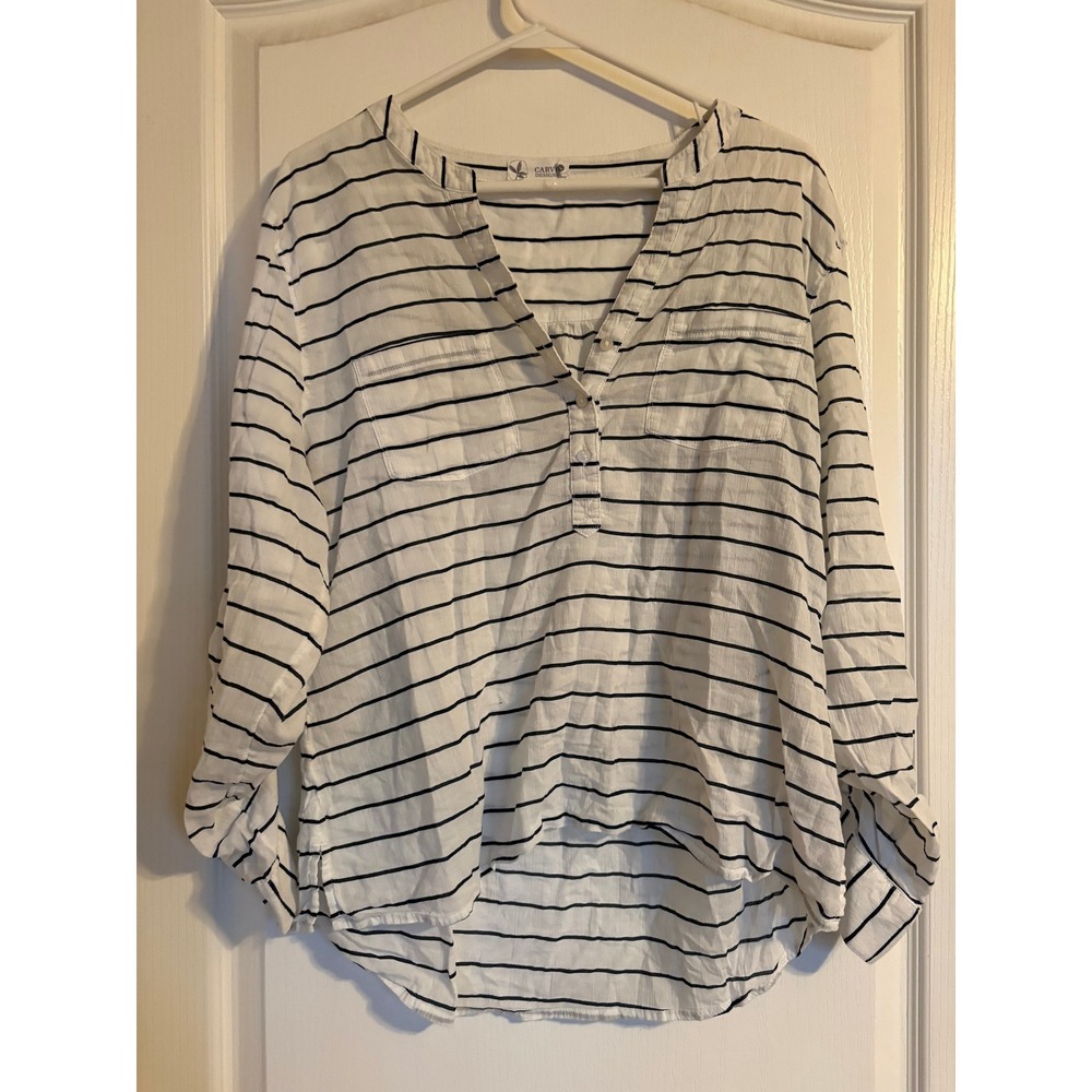 Carve Designs Stripe Blouse Womens Large White Navy Excellent Roll Tab Cotton